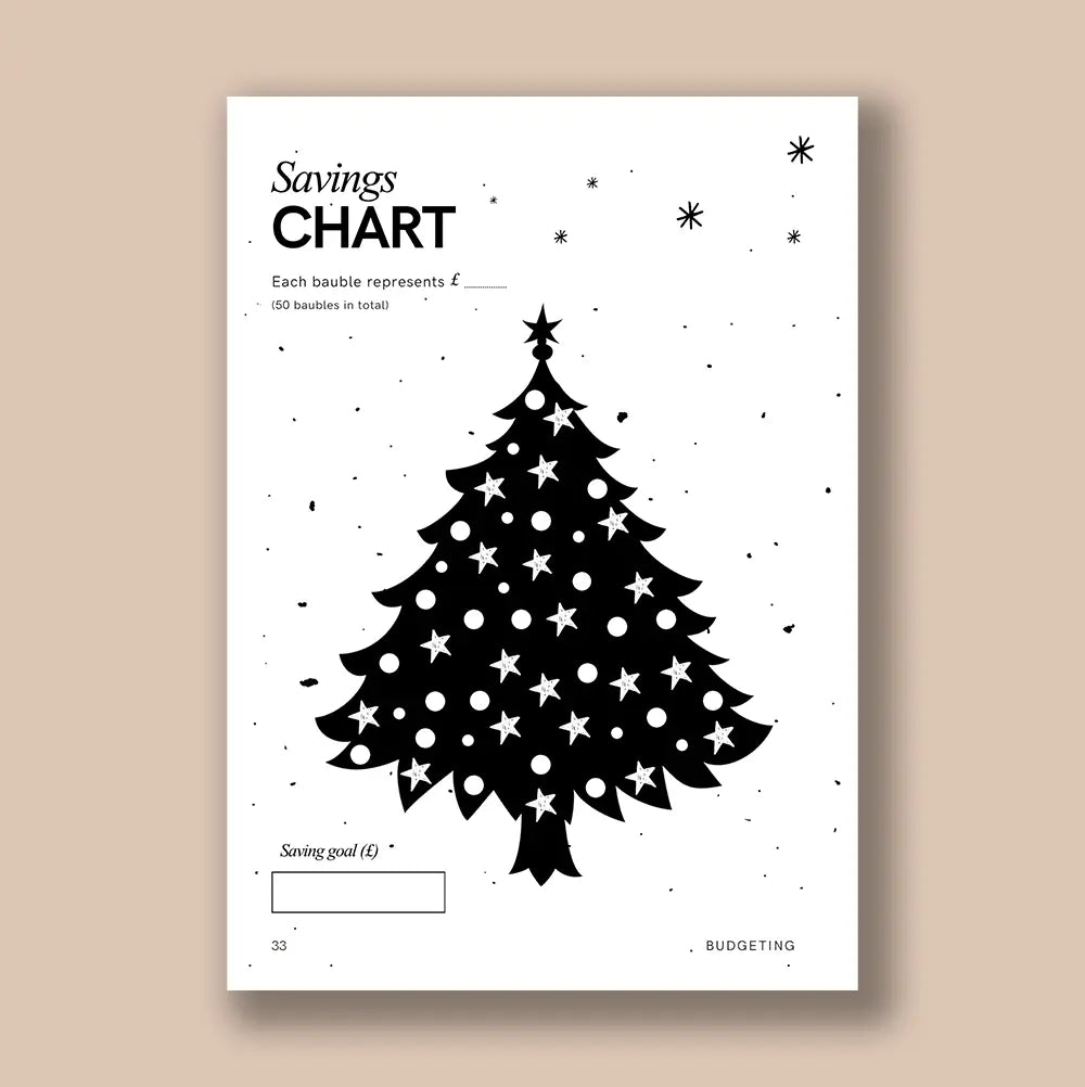 Savings chart with a Christmas tree design on a beige background