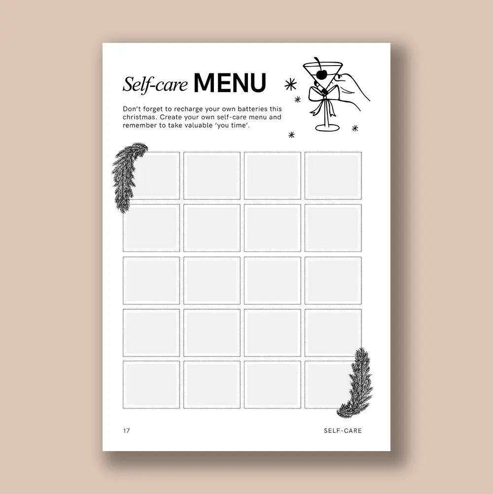 Self-care menu template with black text and graphics on a beige background