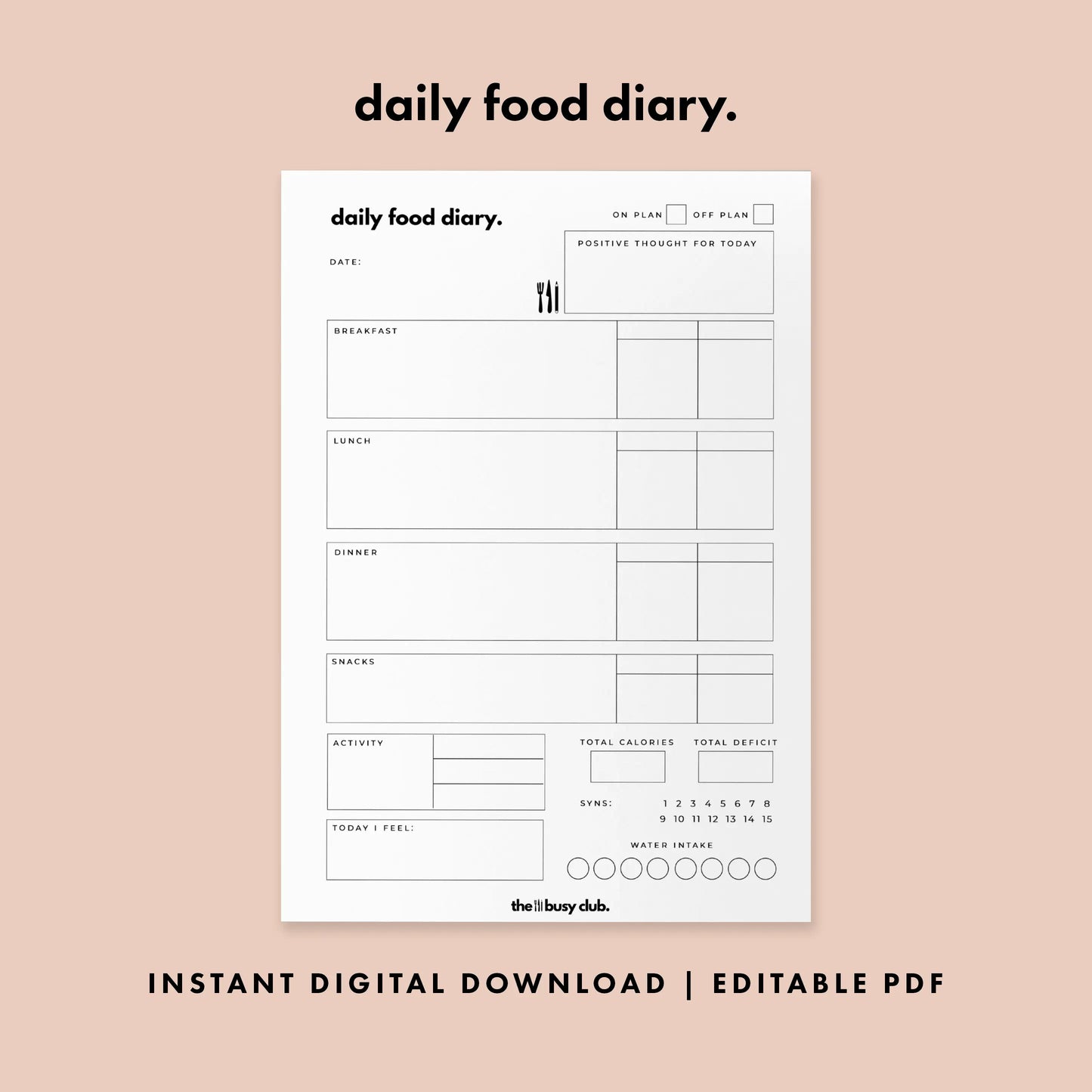 Daily food diary template on a beige background with text indicating instant digital download and editable PDF.