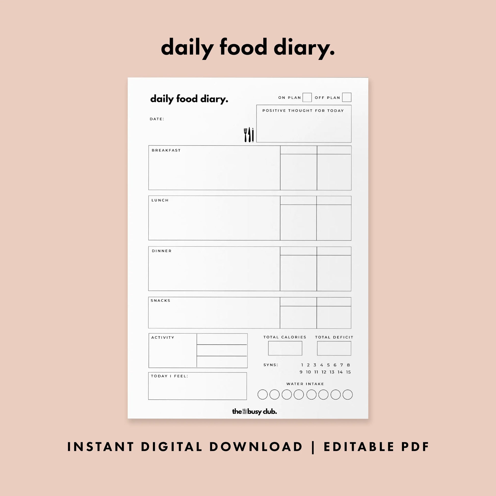 Daily food diary template on a beige background with text indicating instant digital download and editable PDF.