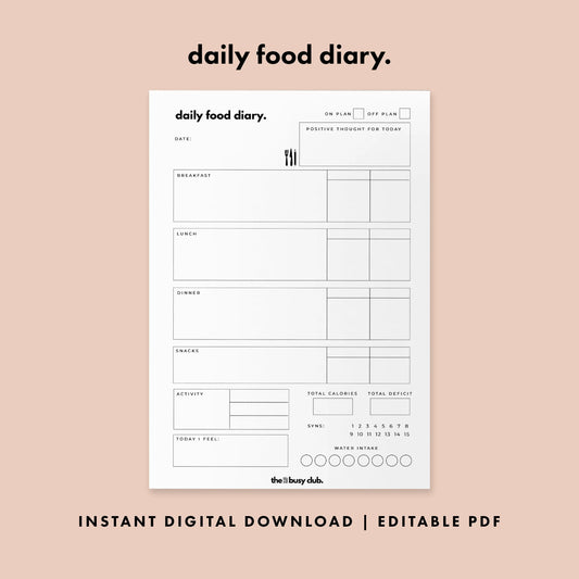 Daily food diary template on a beige background with text indicating instant digital download and editable PDF.