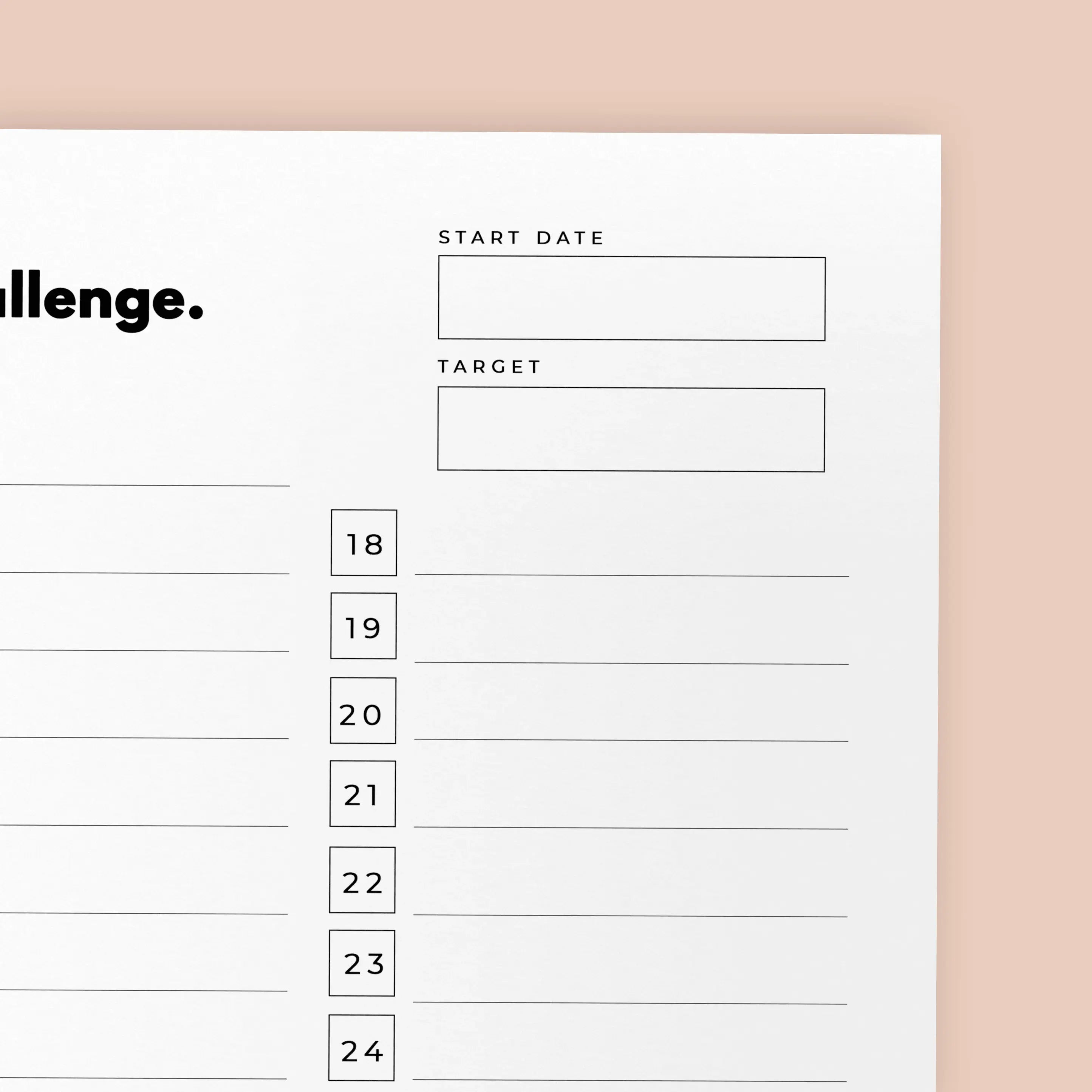Blank challenge tracker sheet with start date and target fields on a light pink background
