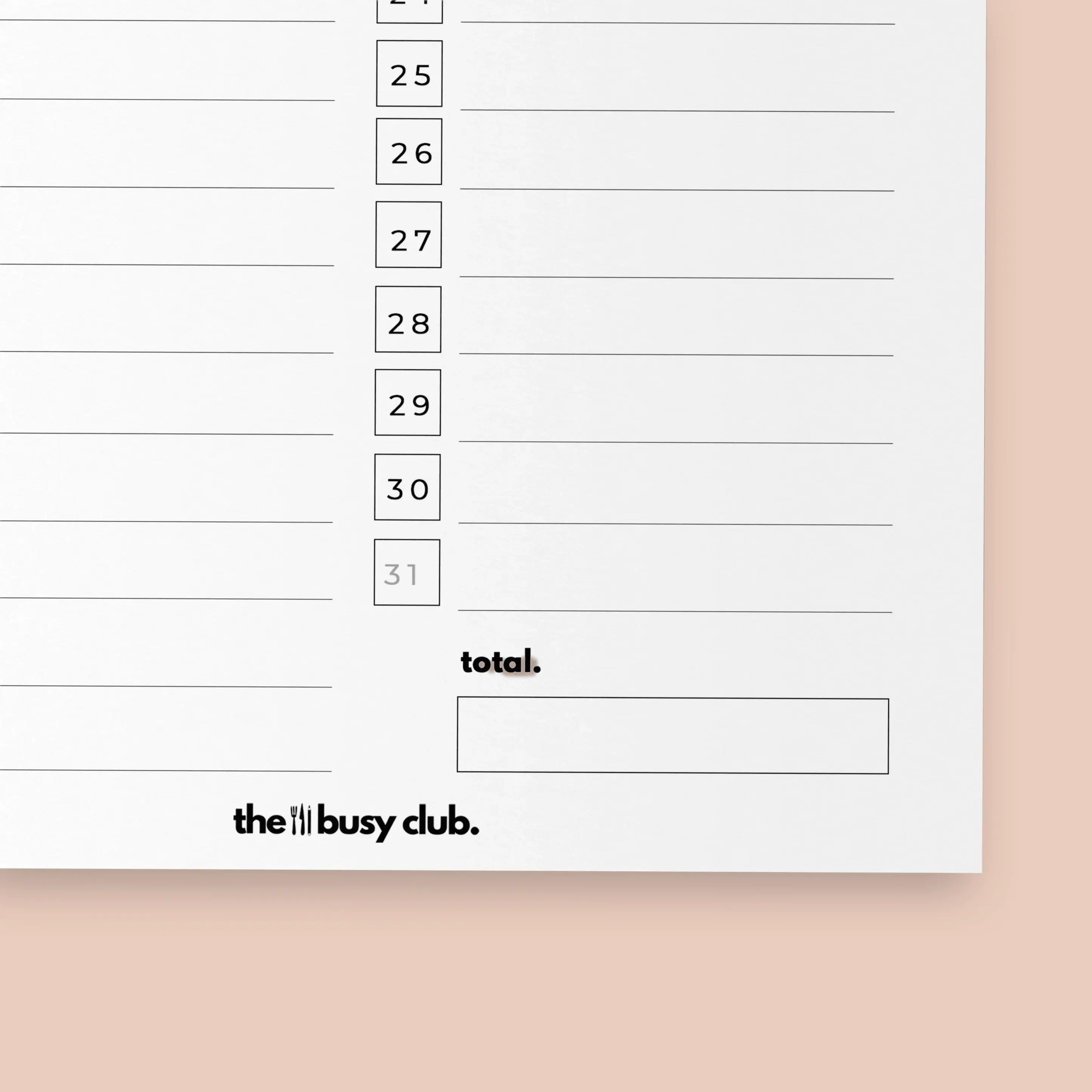 Calendar page with dates and 'the busy club' branding on a light pink background