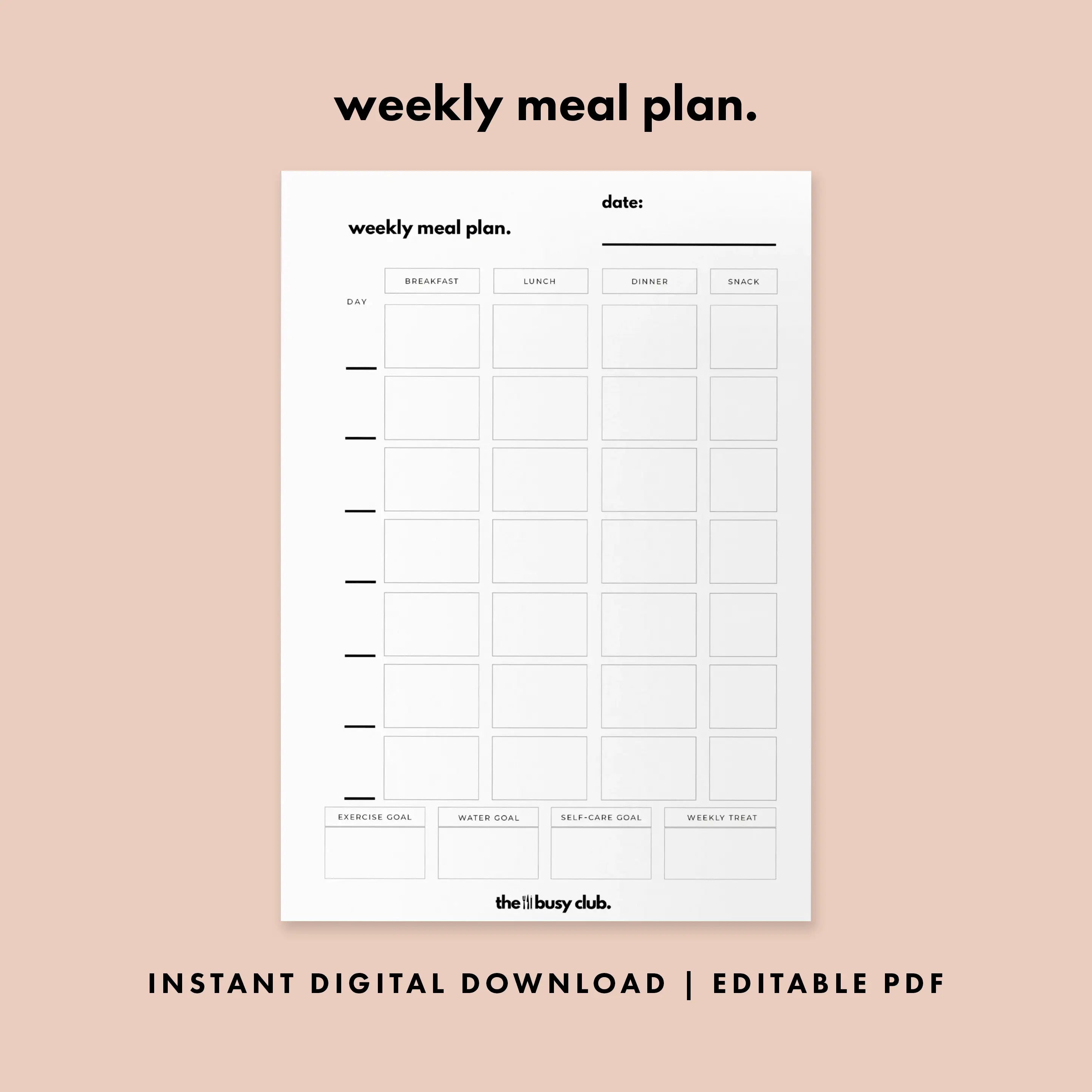 Weekly meal plan template on a beige background with branding text.