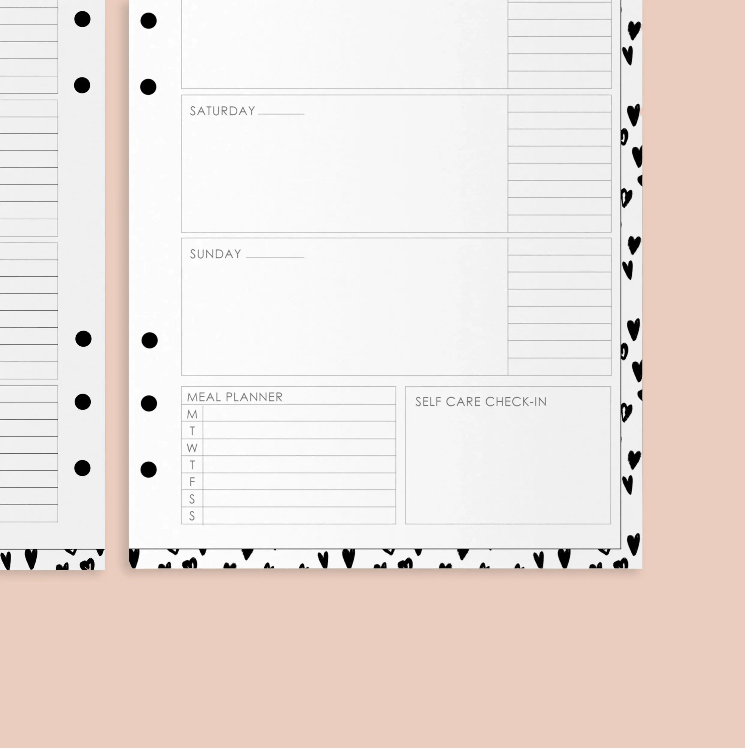 Weekly planner with meal planner and self-care check-in sections on a beige background