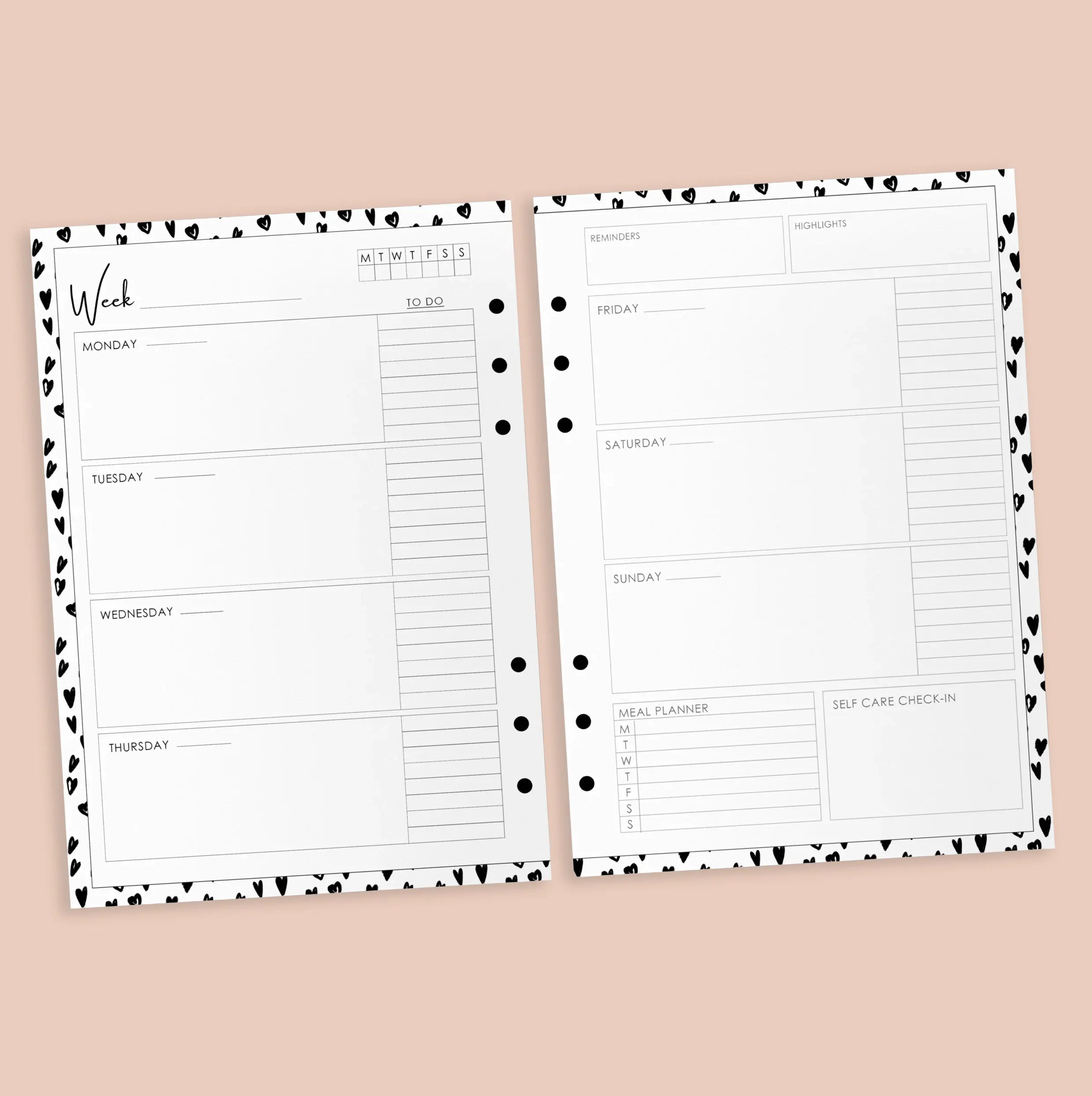 Two planner pages with black dot patterns on a beige background