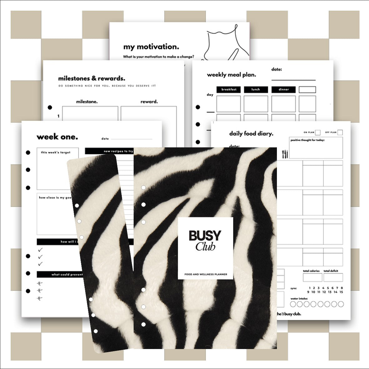 8 Week Food Diary Personal Planner Inserts - Zebra