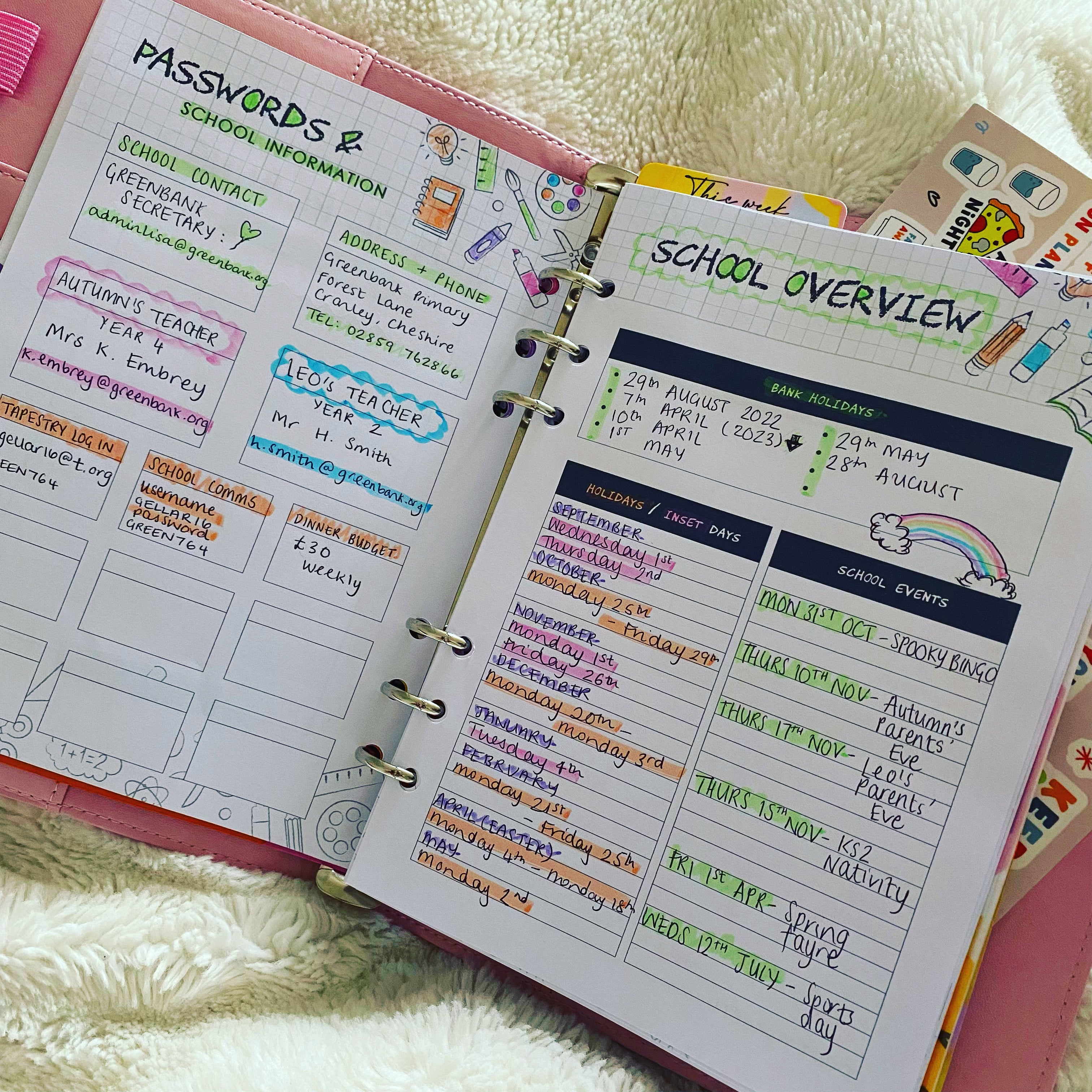 'School Planner' Binder Insert